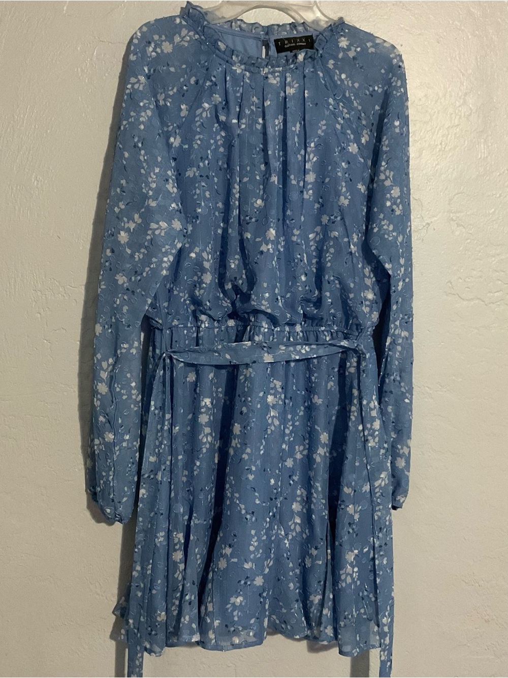 Trixxi Blue Floral Long Sleeve Dress with Tie Belt